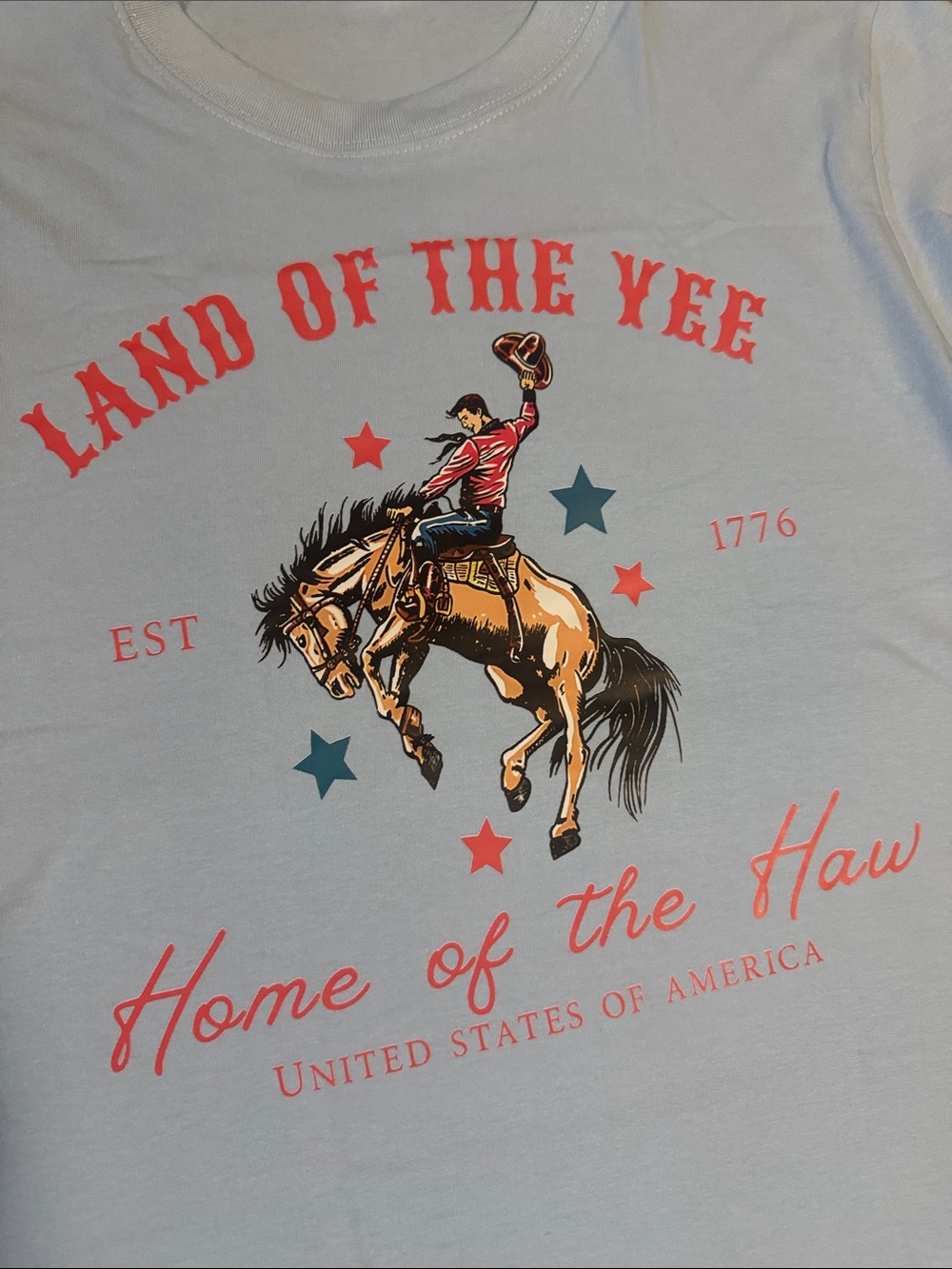 Baby blue 4th of July shirt western Bronc rider - Land of the Yee